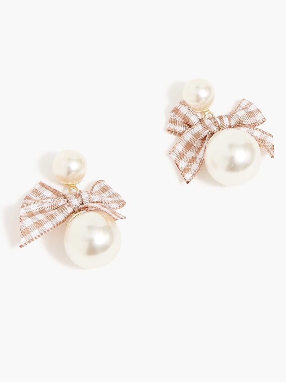 J.Crew Pearl Drop Earrings with Tan Gingham Bows NWT Classic